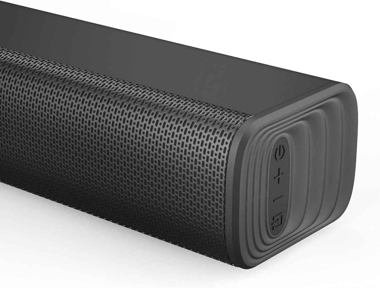 Hisense HS218 soundbar Kenya close-up of right end cap showing mesh grille and side control buttons