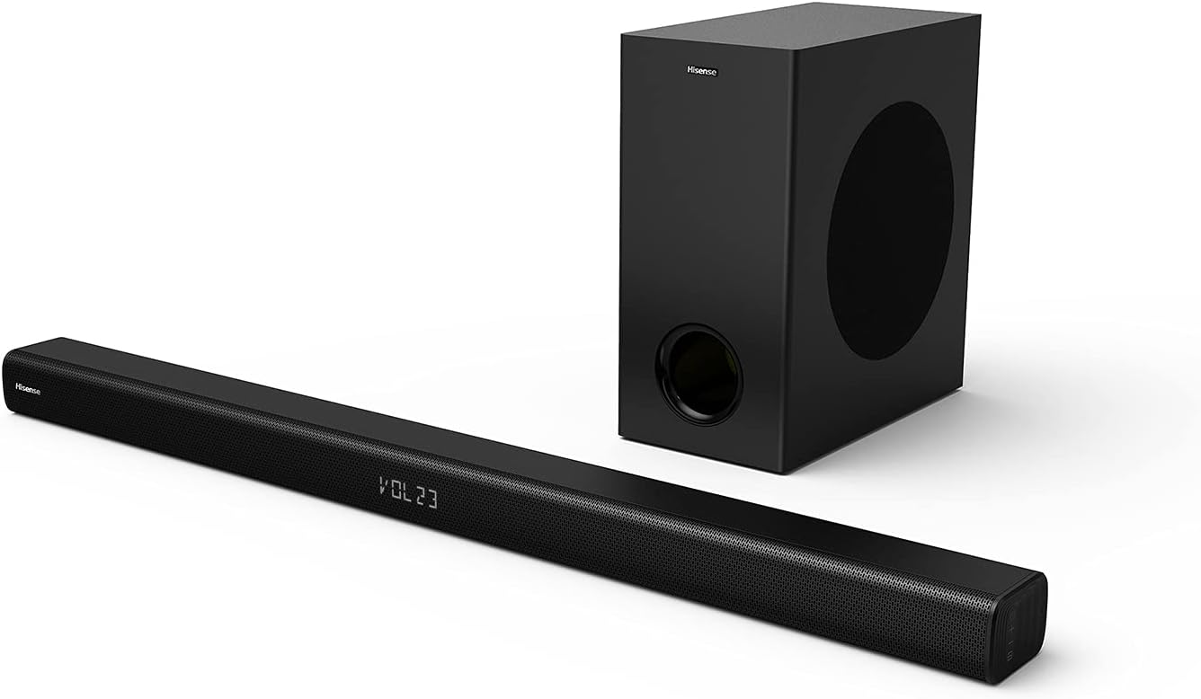 Hisense HS218 soundbar Kenya — front 3/4 view with wireless subwoofer, LED display showing VOL 23