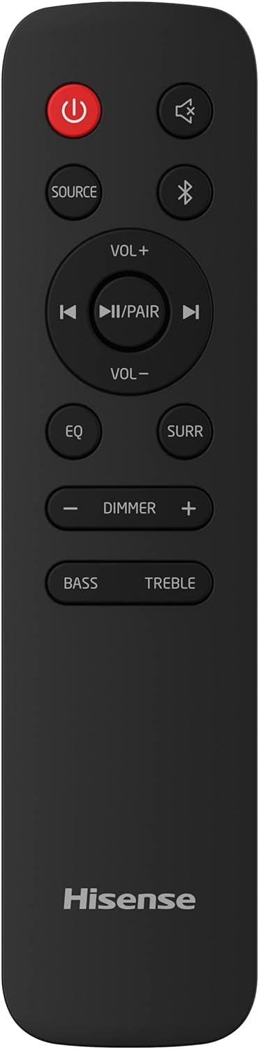 Hisense HS218 soundbar Kenya remote control with power, source, Bluetooth, EQ, bass and treble keys