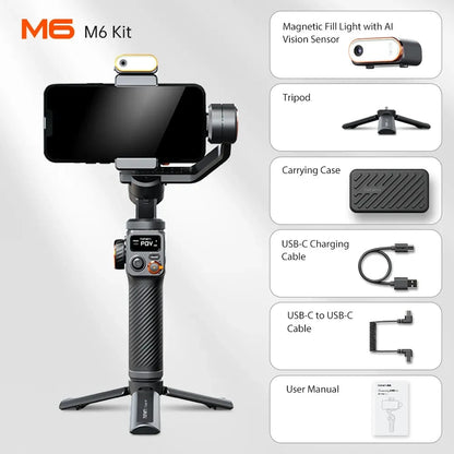 Hohem iSteady M6 Handheld Gimbal Stabilizer – Selfie Tripod for Smartphone, AI Magnetic Fill Light, Full Color Video Lights - ZAMAR AUDIO SOLUTIONS