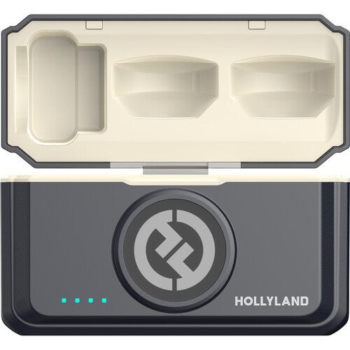 Hollyland Lark M2 Kenya charging case open showing cream interior tray with three charging slots