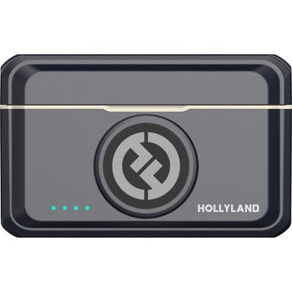 Hollyland Lark M2 Kenya charging case front with Hollyland logo and four green LED battery indicators