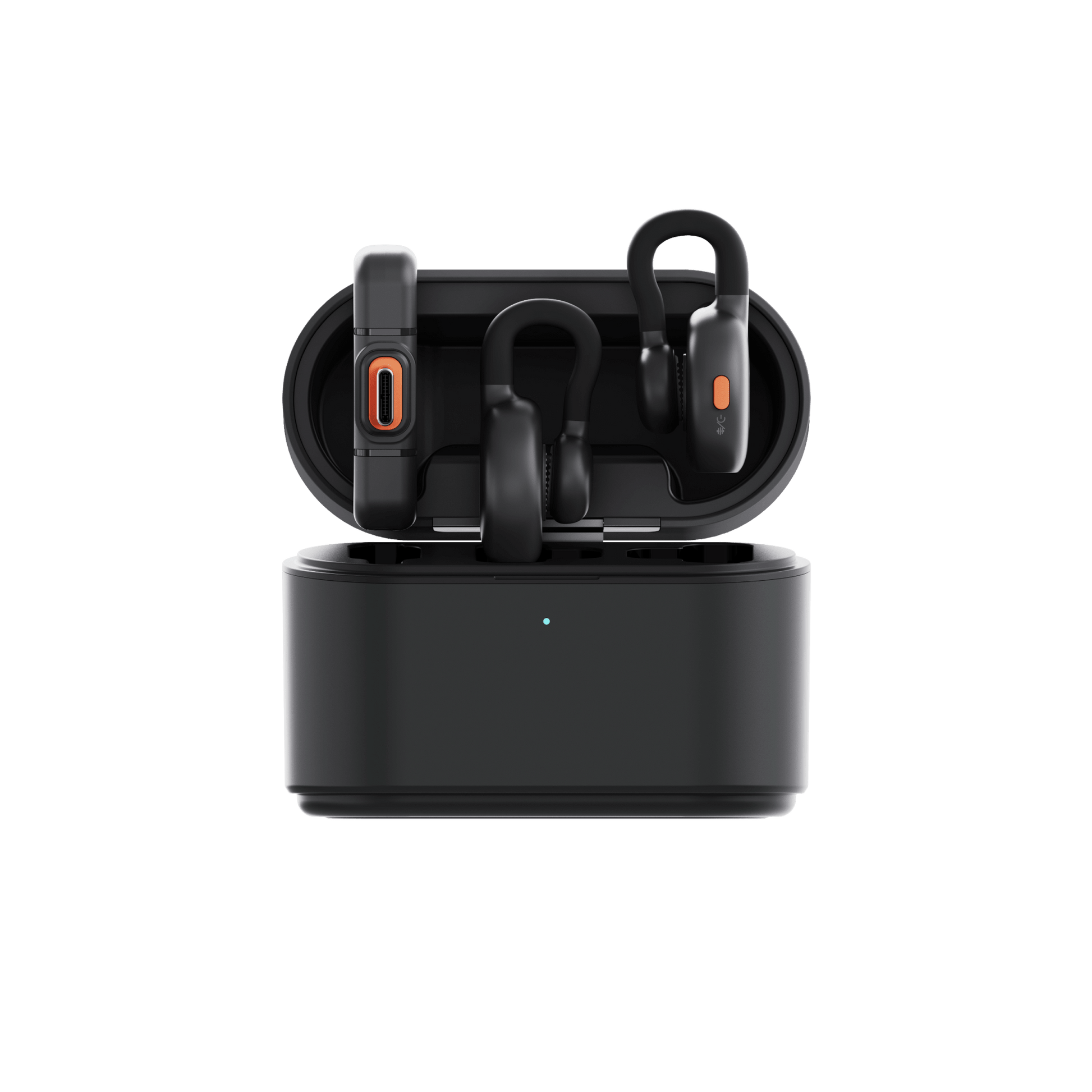 Hollyland LARK M2S wireless lavalier microphone charging case showing transmitter and receiver stored inside