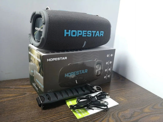 HOPESTAR H50 50W Bluetooth Speaker Kenya 3000mAh battery promo graphic showing connectivity icons on black unit