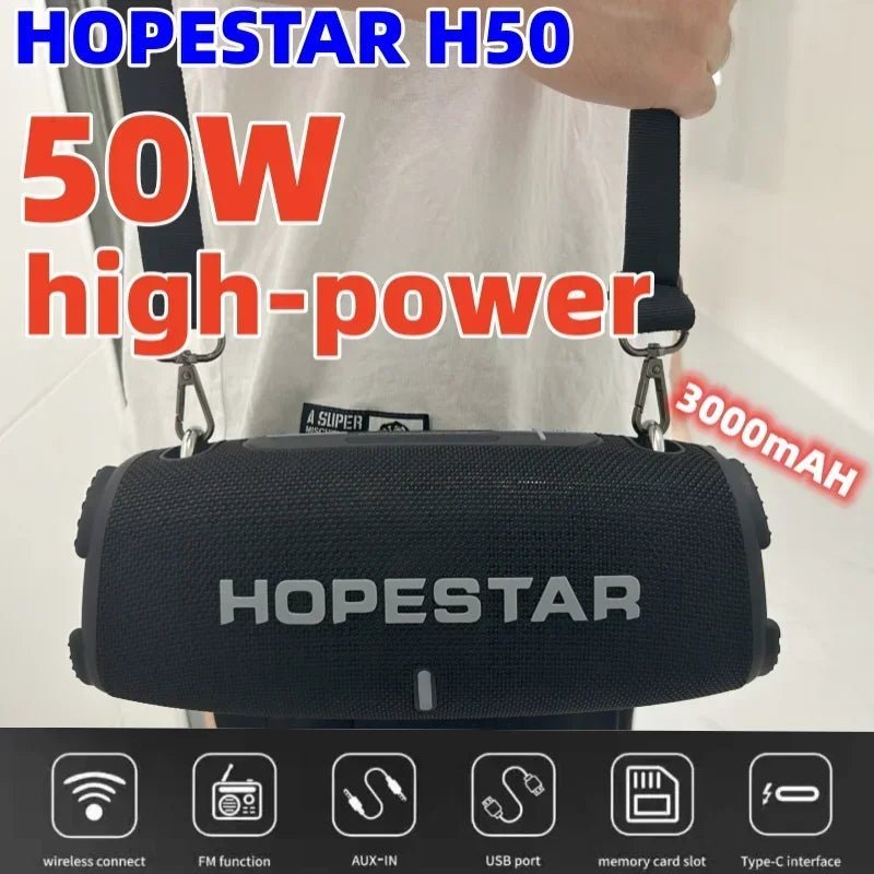 HOPESTAR H50 50W Bluetooth Speaker Kenya spec graphic showing 50W output, 3000mAh battery and connectivity icons