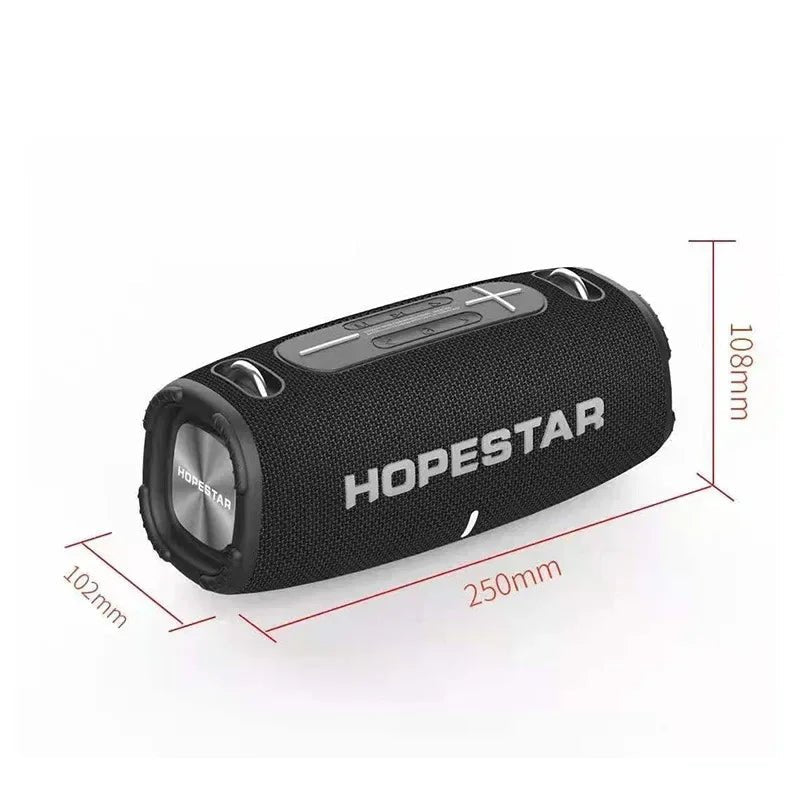 HOPESTAR H50 50W Bluetooth Speaker Kenya black unit with dimension diagram showing 250mm x 102mm x 108mm measurements