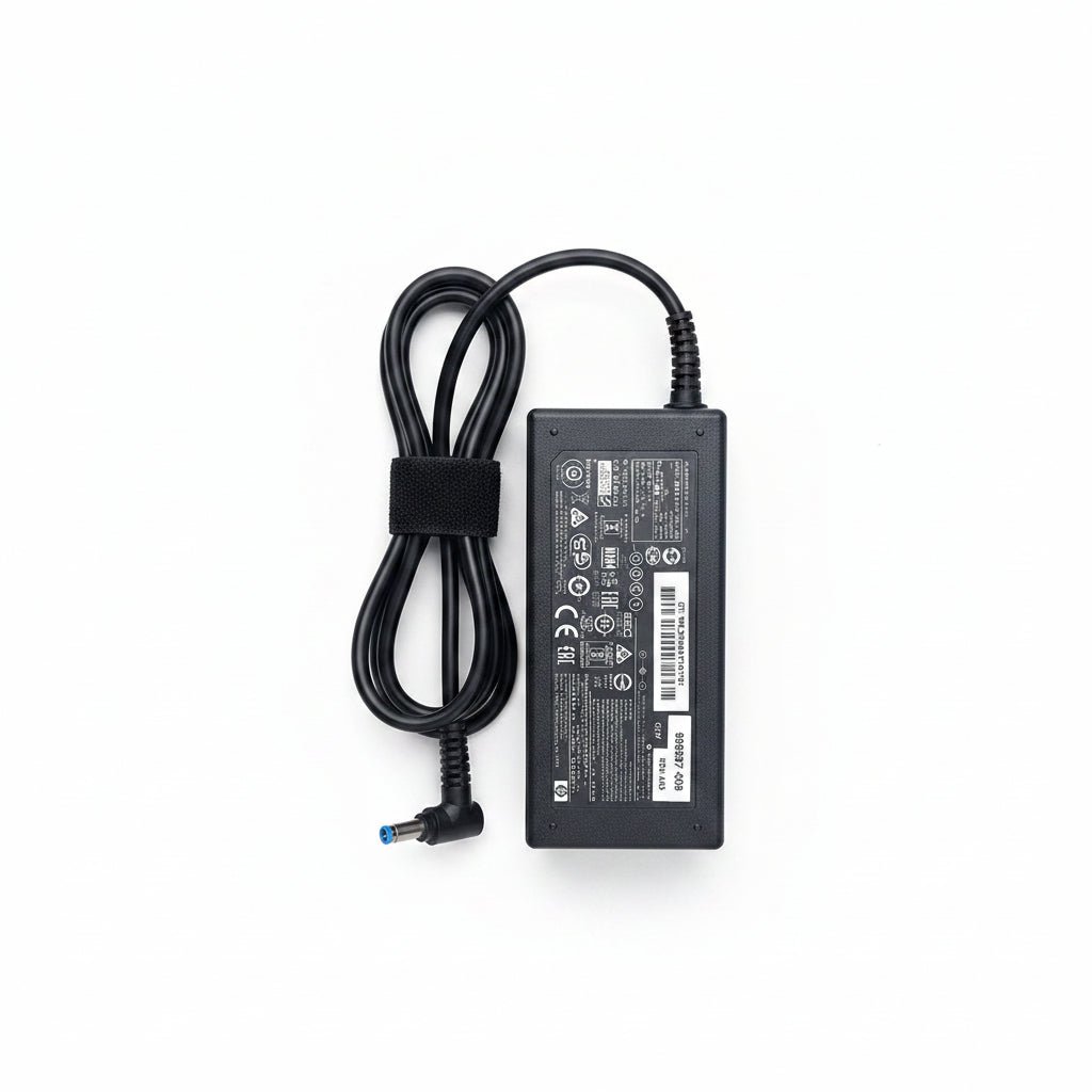 HP Blue Pin Charger 65W Kenya – black AC adapter with blue barrel tip and coiled power cable on white background