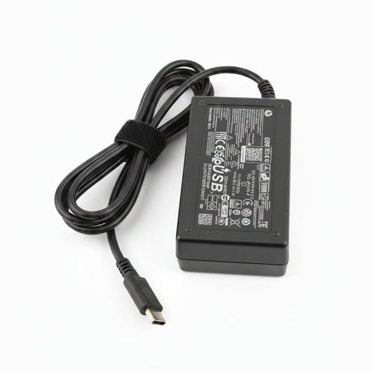 HP USB-C charger Kenya 65W genuine adapter with attached black USB-C cable and certification labels on white background
