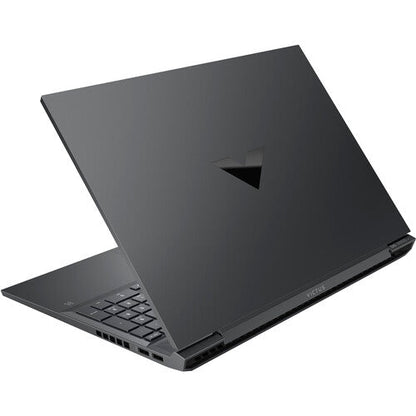 HP Victus 16 Kenya rear lid view showing Victus triangle logo on dark grey chassis