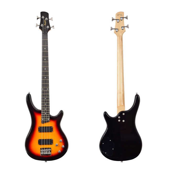 Ibanez 4-string bass guitar Kenya sunburst finish front and back view showing maple neck and body contour
