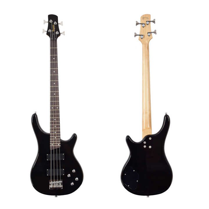 Ibanez 4-string bass guitar Kenya solid black finish front and back view with chrome hardware detail`