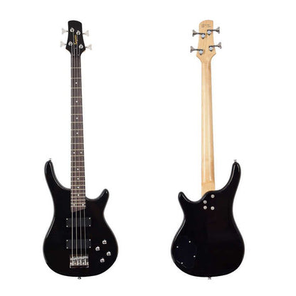 Ibanez 4-string bass guitar Kenya solid black finish front and back view with chrome hardware detail`