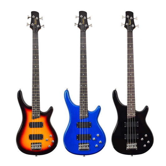 Ibanez 4-string bass guitar Kenya — sunburst, blue, and black colour variants side by side