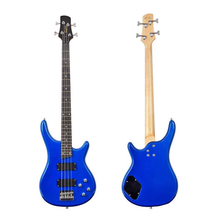 Ibanez 4-string bass guitar Kenya metallic blue finish front and back showing electronics cavity and maple neck