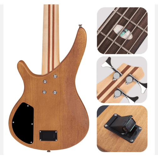 Ibanez 5-string active bass guitar Kenya — rear body, maple neck detail, tuner close-up and output jack insets