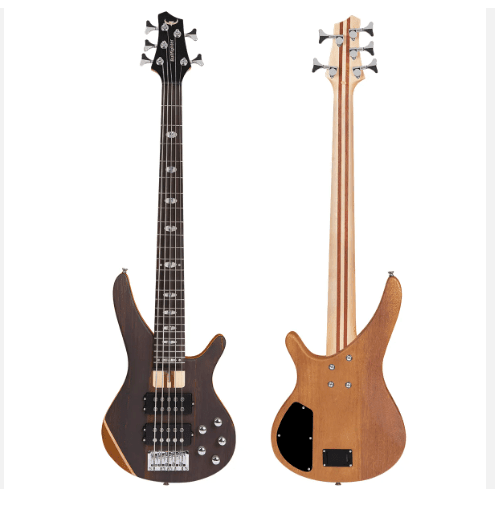 Ibanez 5-string active bass guitar Kenya — front and rear full-body view, natural brown finish, 5-string