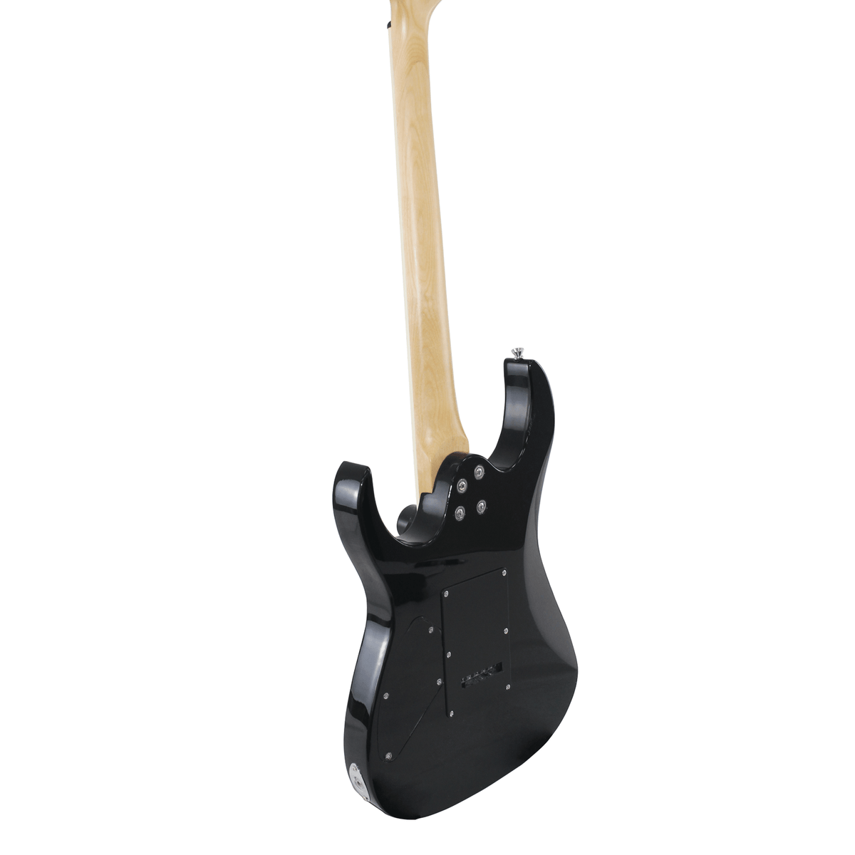 Ibanez GRX40 Kenya tremolo bridge and humbucker pickup close-up, chrome hardware detail