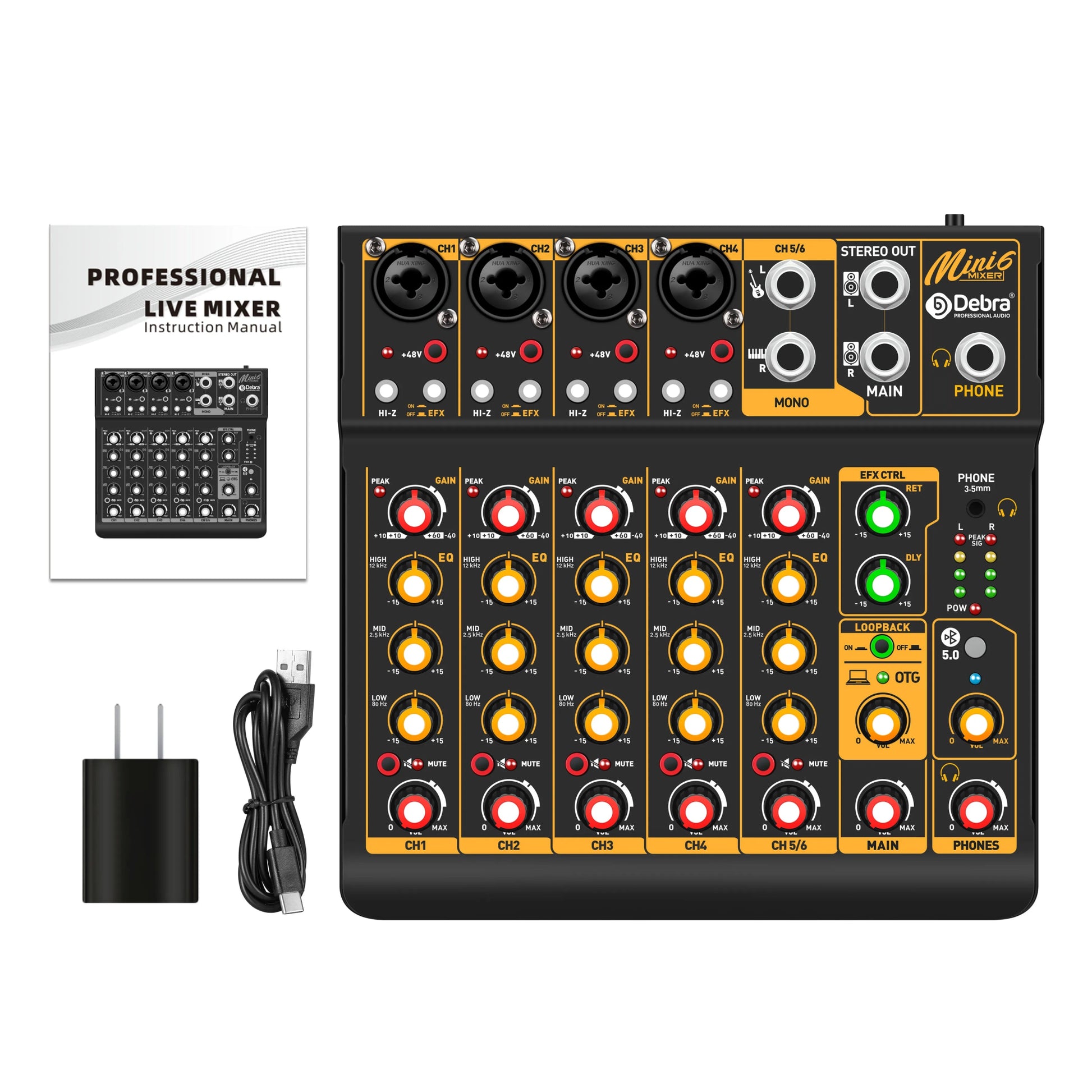 IKGE Mini6 Metal Audio Interface Mixer – 6 - Channel DJ Console with XLR 48V Power Supply, Delayed Playback Effects for PC Recording, Bands, and Podcasters - ZAMAR AUDIO SOLUTIONS