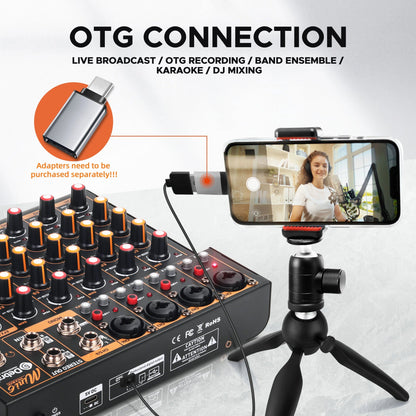 IKGE Mini6 Metal Audio Interface Mixer – 6-Channel DJ Console with XLR 48V Power Supply, Delayed Playback Effects for PC Recording, Bands, and Podcasters - ZAMAR AUDIO SOLUTIONS