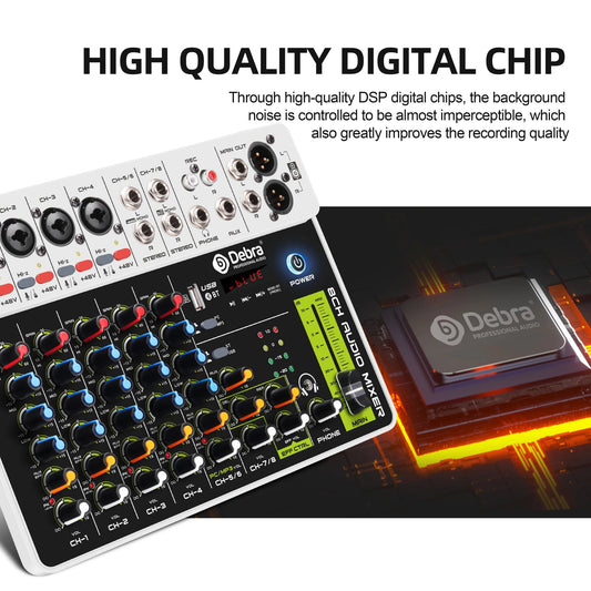 IKGE V8 8-Channel Audio Mixer DJ Console – Bluetooth 5.0, 48V Phantom Power, Delayed Replay Effects for Karaoke, PC Recording, and Podcasting - ZAMAR AUDIO SOLUTIONS