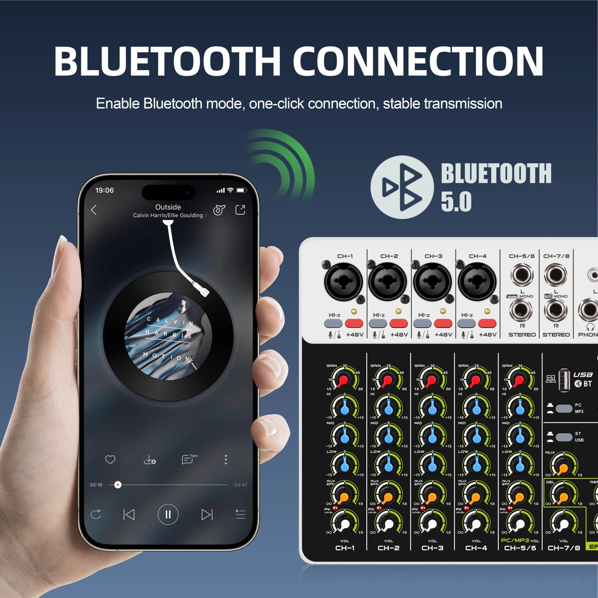 IKGE V8 8-Channel Audio Mixer DJ Console – Bluetooth 5.0, 48V Phantom Power, Delayed Replay Effects for Karaoke, PC Recording, and Podcasting - ZAMAR AUDIO SOLUTIONS