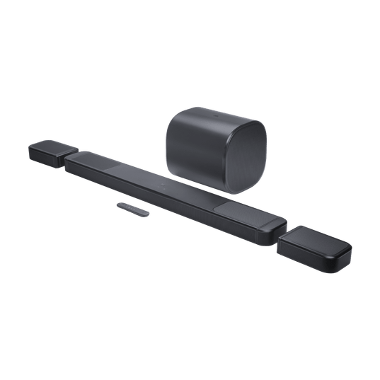 JBL Bar 1300 MK2 Kenya full soundbar system, three-quarter view with wireless subwoofer