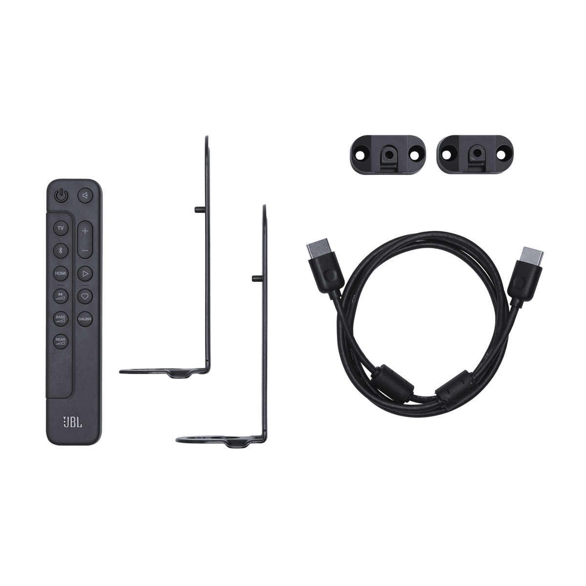 JBL Bar 1300 soundbar Kenya in-box accessories — JBL remote, wall-mount brackets, HDMI cable, and cable management clips