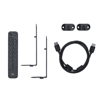 JBL Bar 1300 soundbar Kenya in-box accessories — JBL remote, wall-mount brackets, HDMI cable, and cable management clips