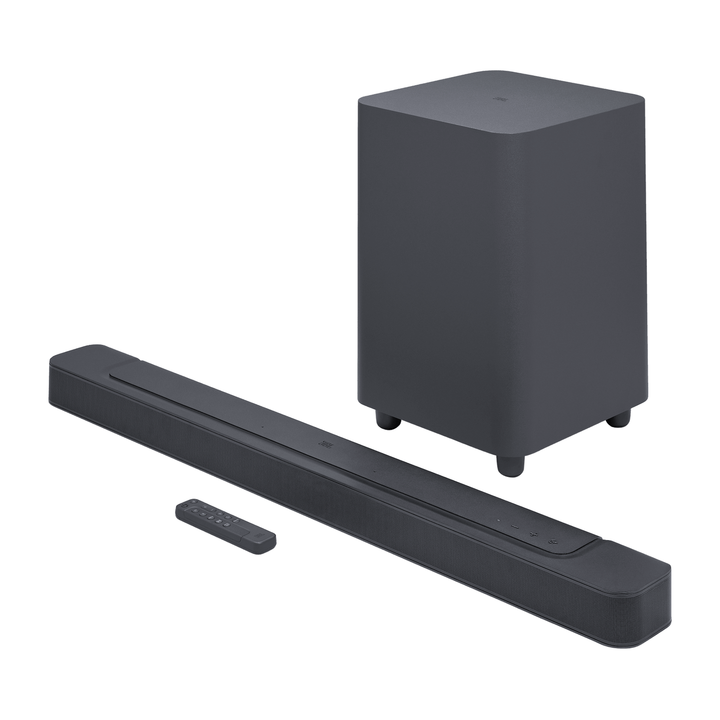 JBL Bar 500 soundbar Kenya — full system view with wireless subwoofer and remote control on white background