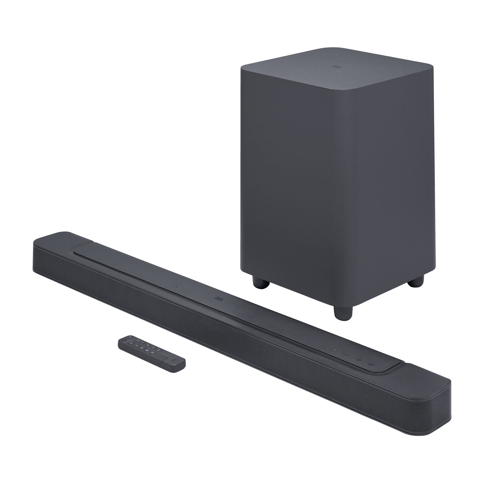 JBL Bar 500 soundbar Kenya — full system view with wireless subwoofer and remote control on white background