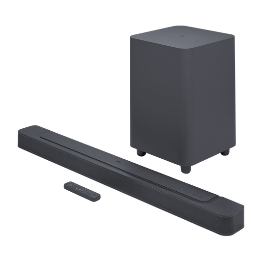 JBL Bar 500 soundbar Kenya — full system view with wireless subwoofer and remote control on white background