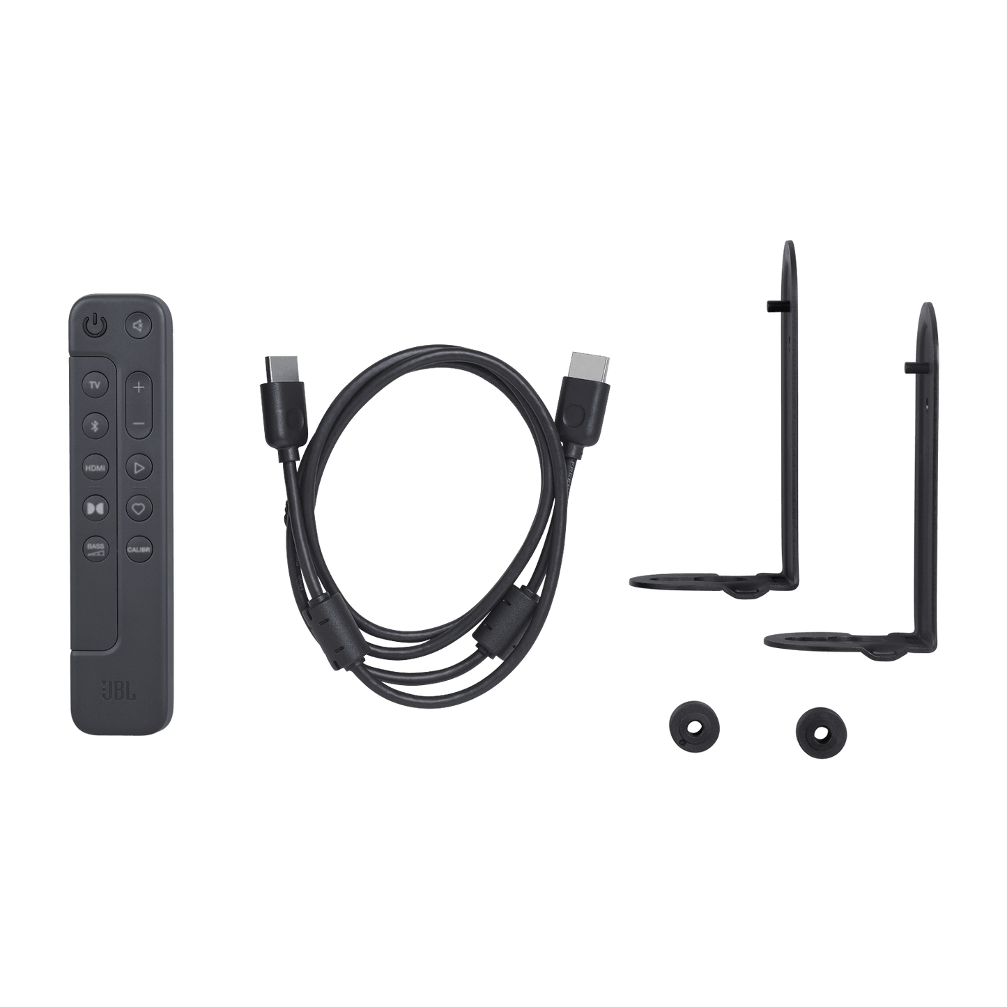 JBL Bar 500 soundbar Kenya in-box accessories — remote control, HDMI cable, wall-mount brackets and screws