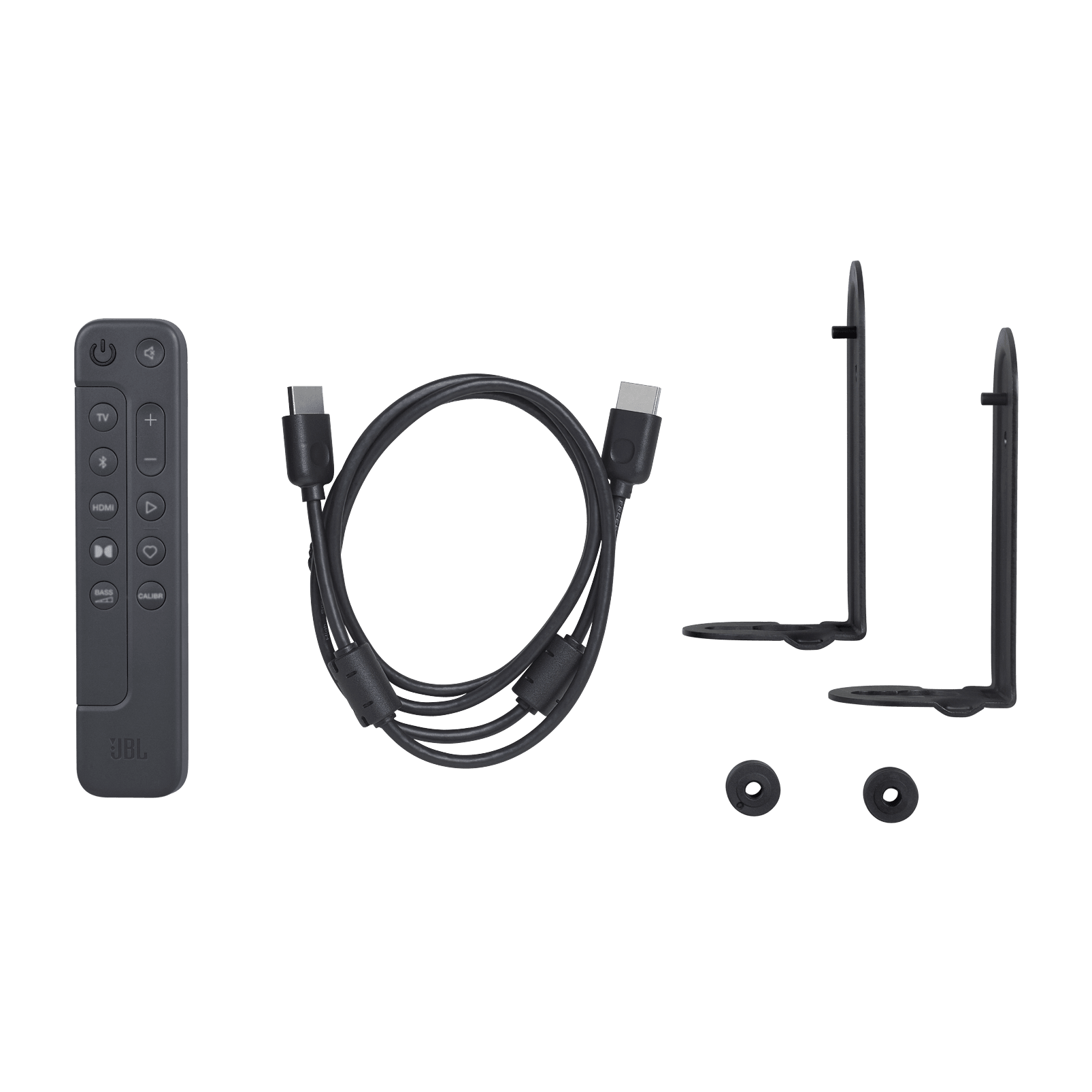 JBL Bar 500 soundbar Kenya in-box accessories — remote control, HDMI cable, wall-mount brackets and screws