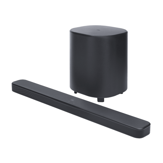 Soundbar + subwoofer, 3/4 angle view, slightly elevated perspective