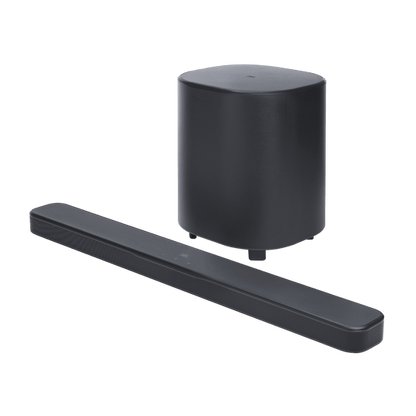 Soundbar + subwoofer, 3/4 angle view, slightly elevated perspective
