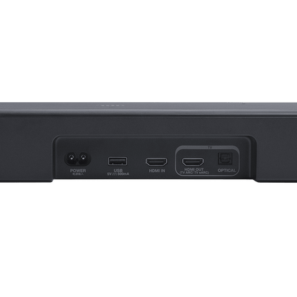 Close-up rear panel showing Power, USB, HDMI IN, HDMI OUT/eARC, and Optical ports