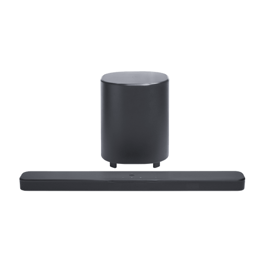 Soundbar + cylindrical subwoofer, straight-on front view, white background