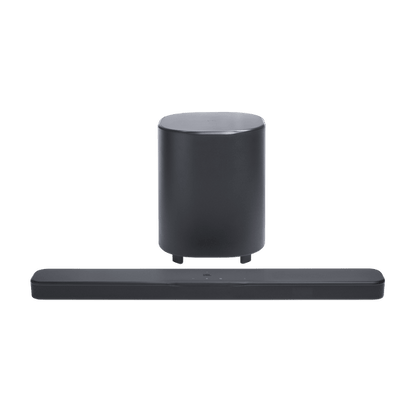 Soundbar + cylindrical subwoofer, straight-on front view, white background