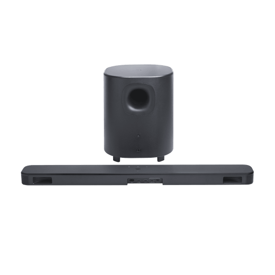 Soundbar + subwoofer showing front driver cone, straight-on, white background