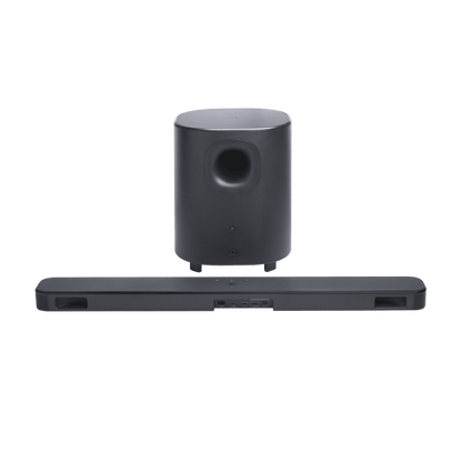 Soundbar + subwoofer showing front driver cone, straight-on, white background