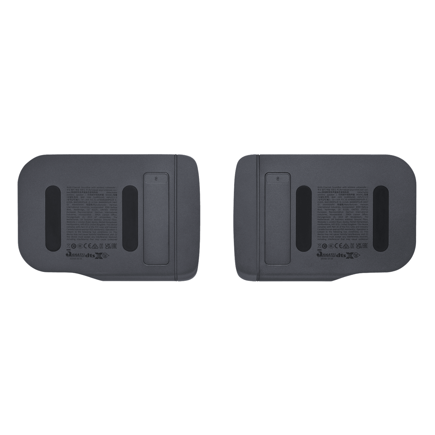 JBL Bar 1000 soundbar Kenya detachable surround speakers rear view showing mounting slots and battery contacts