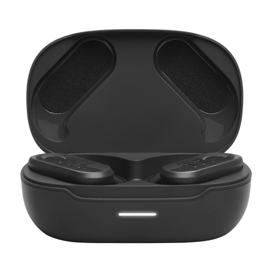 JBL Endurance Peak 3 true wireless sport earbuds with charging case on white background
