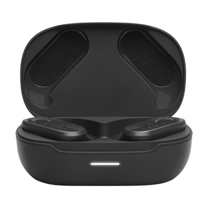JBL Endurance Peak 3 true wireless sport earbuds with charging case on white background