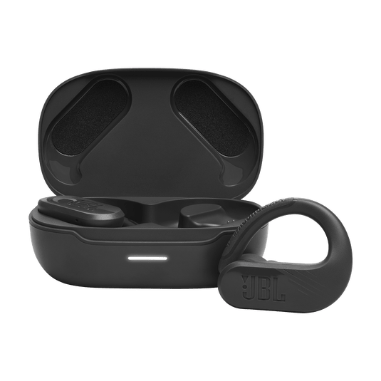 JBL Endurance Peak 3 true wireless sport earbuds with charging case on white background
