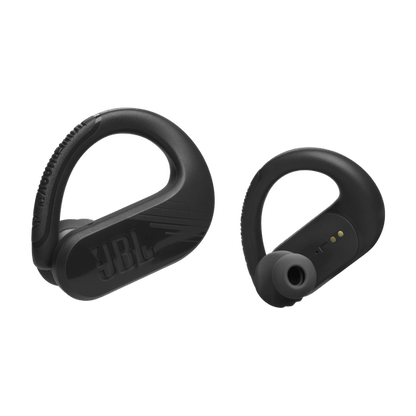 JBL Endurance Peak 3 true wireless sport earbuds with charging case on white background