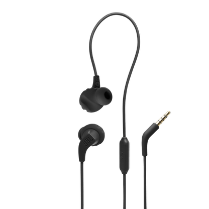 JBL Endurance Run 2 Wired earphones in black, front view showing TwistLock design and 3.5mm cable