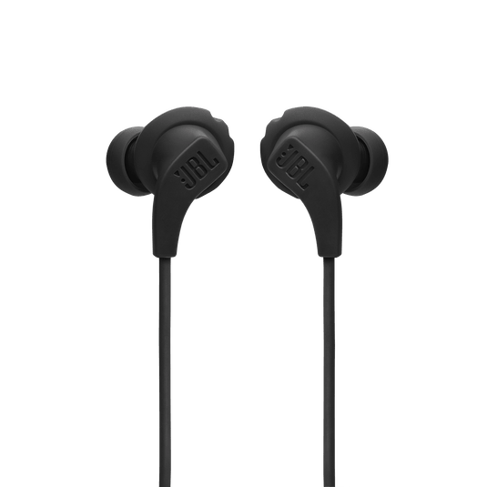 JBL Endurance Run 2 Wired earphones worn during a workout, showing FlipHook secure behind-ear fit