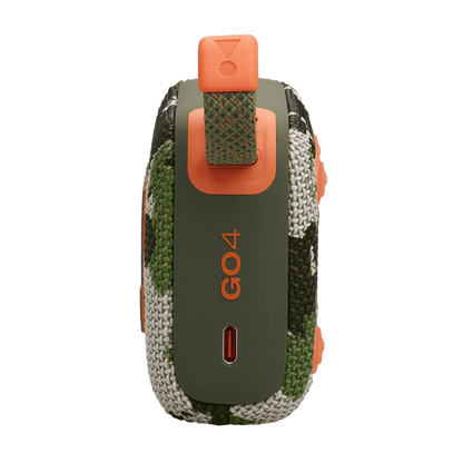JBL Go 4 Kenya camo rear view showing GO4 branding, USB-C charging port, and orange carry loop tab