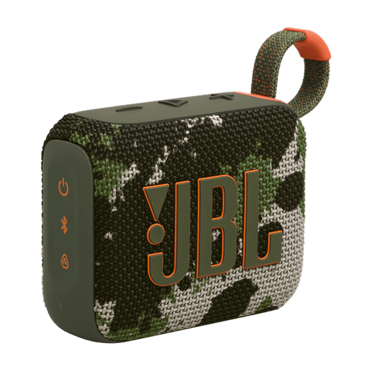 JBL Go 4 Kenya in camo colorway, front 3/4 angle showing JBL logo, fabric grille, and orange carry loop