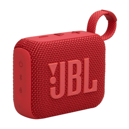 JBL Go 4 Kenya in solid red colorway, front 3/4 angle showing JBL logo, fabric grille, and red carry loop